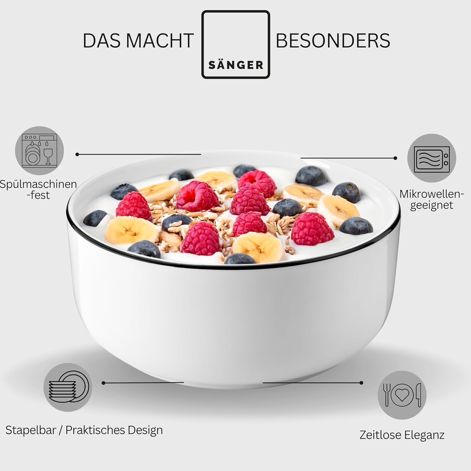 SÄNGER | Kombiservice Marlo Black Rim Weiß/Schwarz, 30tlg Geschirrset für 6 Personen mit Speise-, Dessert-, Schalen, Müslischalen und Kaffeebechern aus Porzellan | PREMIUM COLLECTION