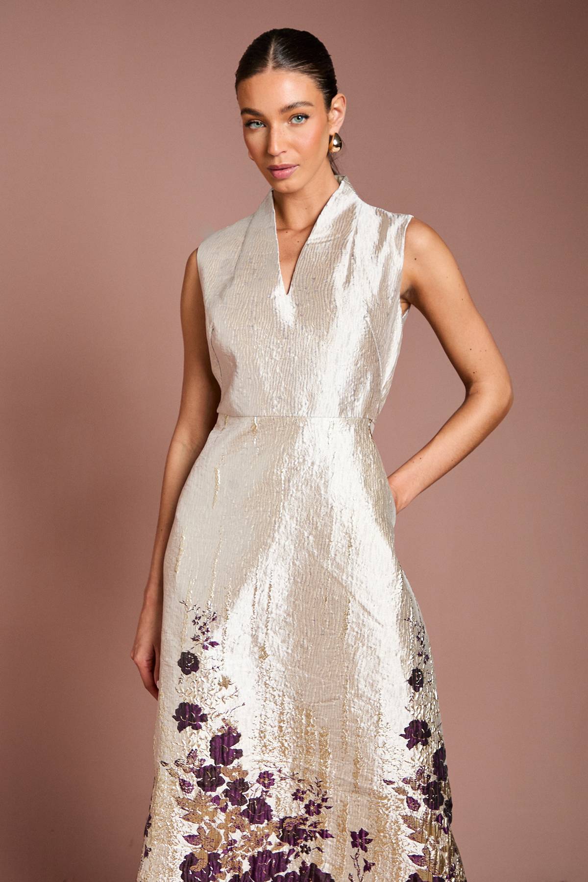 Coast Robe Mi-Longue Jacquard à Encolure Échancrée et Imprimé Floral Bordé