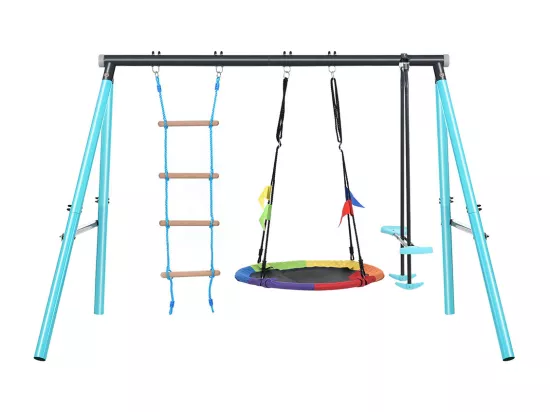 Balançoire pour enfants avec cadre métallique réglable en hauteur échelle et filet à grimper bascule jardin aire de jeux convient aux enfants de 3 à 8 ans bleu