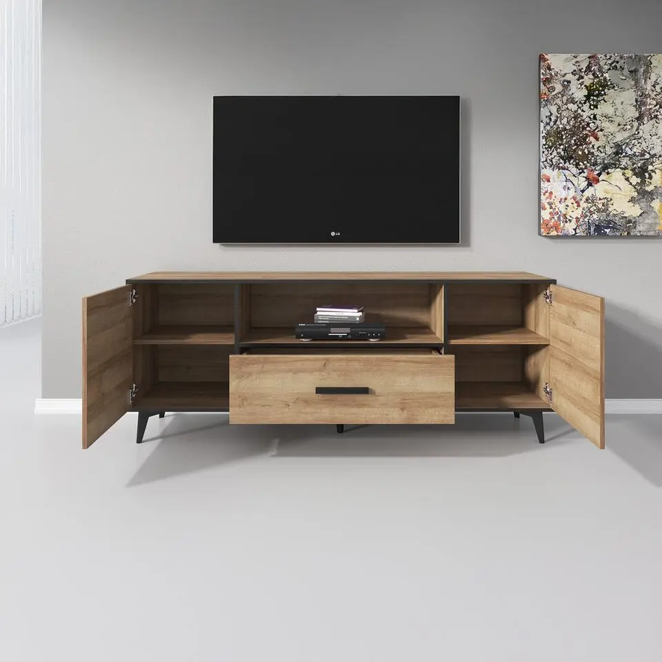 Meubella - TV-Meubel Frey - Licht eiken - Zwart - 179 cm