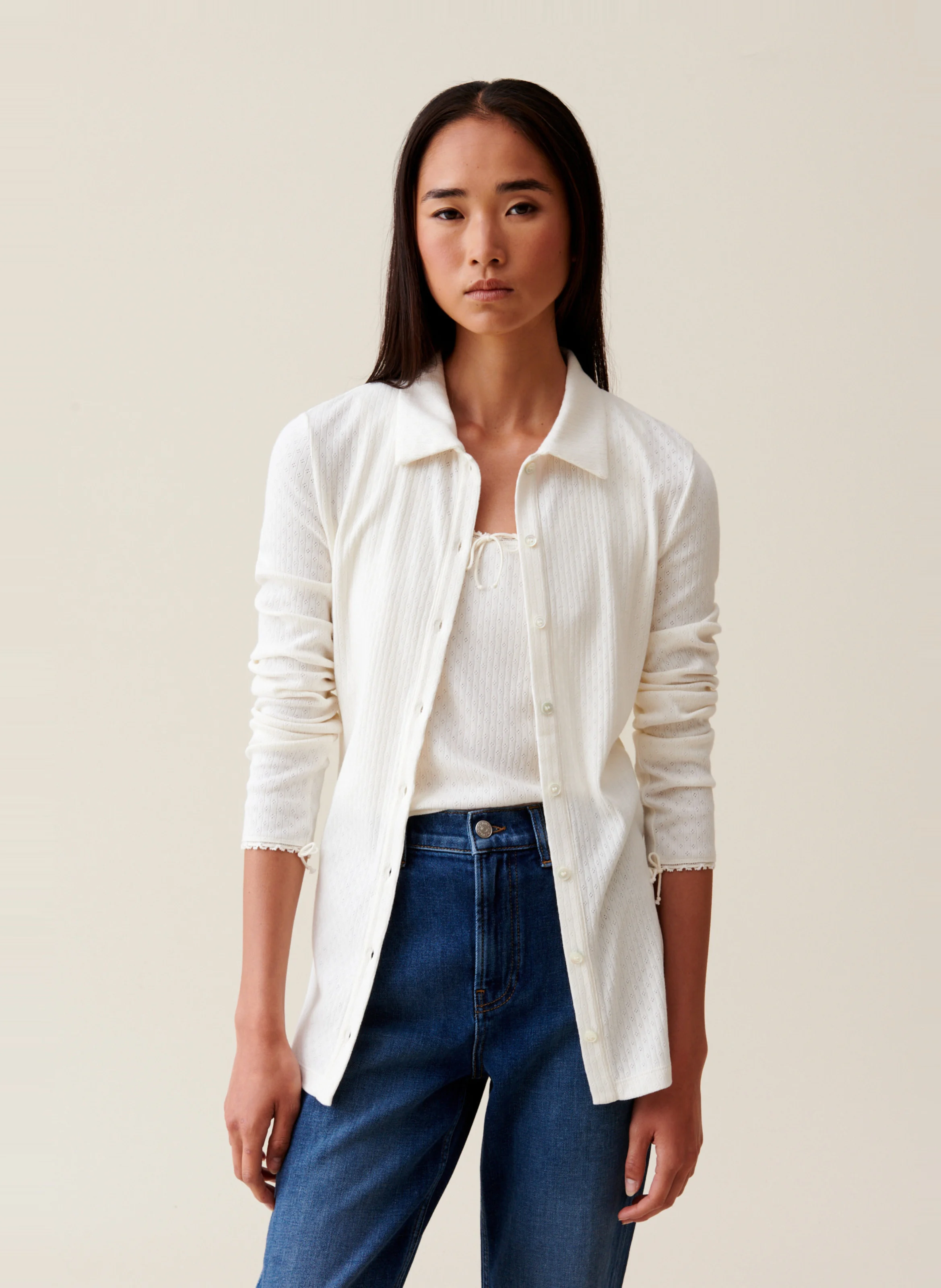 Chemise droite brodée en coton| Blanc
