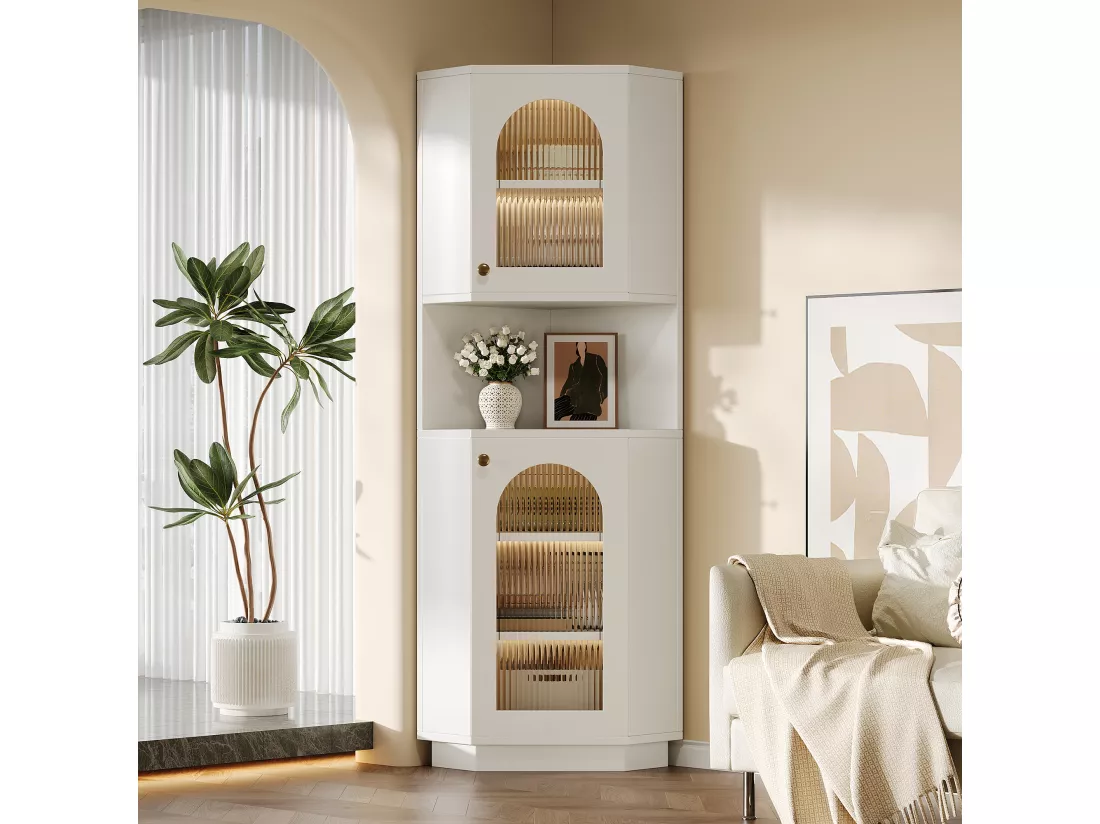 Colonne d'angle de salle de bain - 2 portes et 1 niche de rangement - 45x 45 x 166,5 cm - LEDs - MDF - Blanc