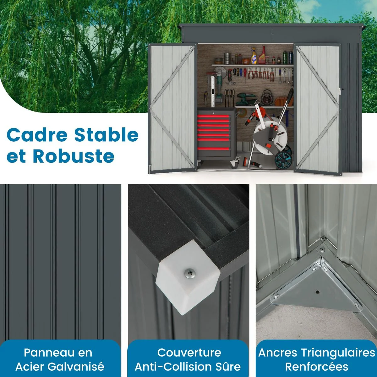 Abri de Jardin Extérieur Abri à Outils de Jardin avec 2 Portes Design Incliné Aérations Cadre en Métal Galvanisé 235x117x185cm Gris Foncé
