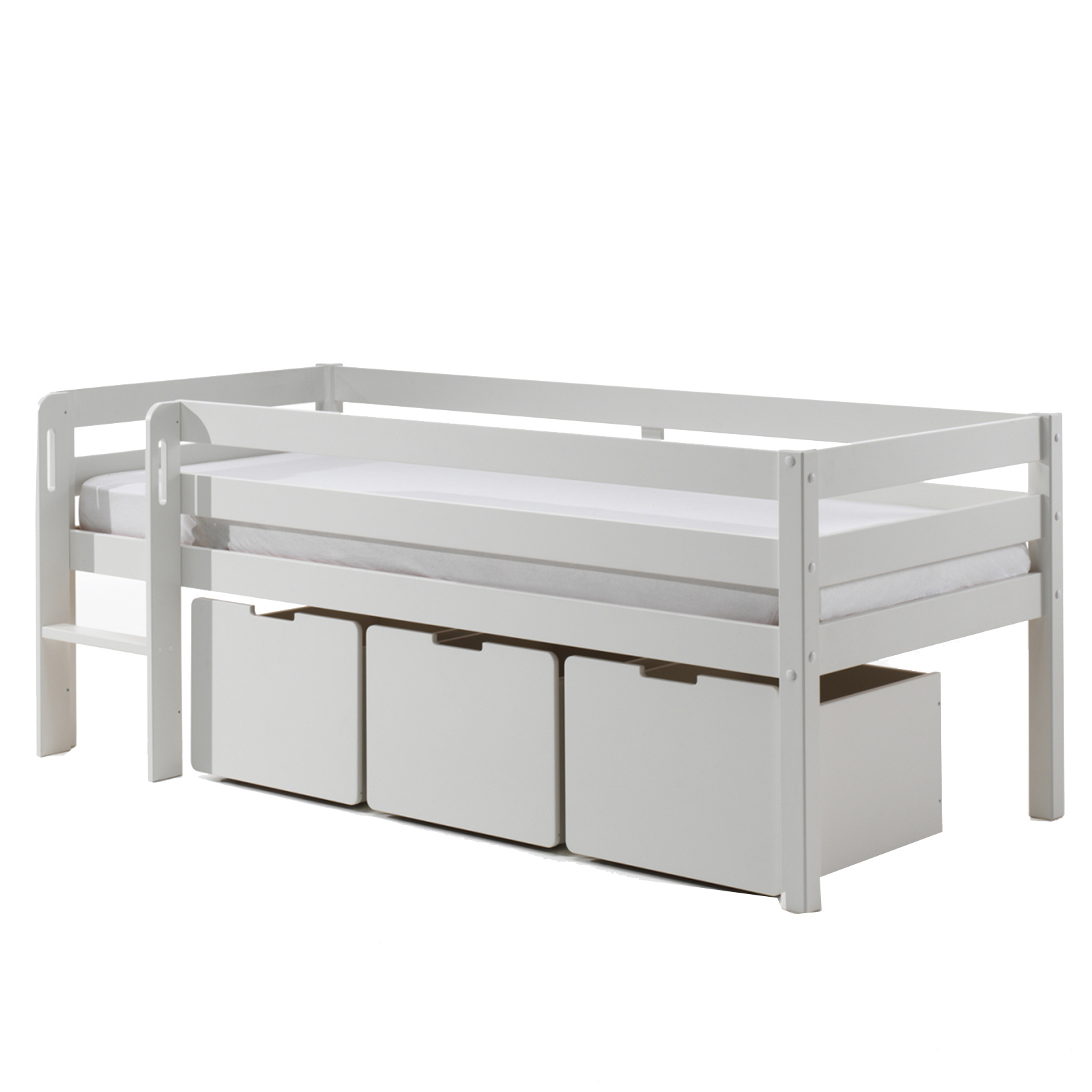 Kojen-Spielbett - weiß - Leiter - Schubkästen - Regal - 90x200 cm