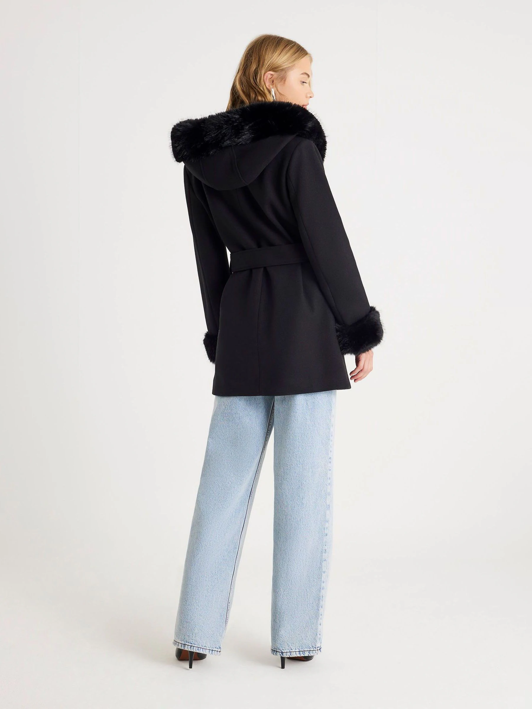 Zwart - River Island Fur Trim Hooded Belted Coat