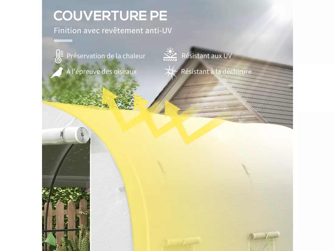 Serre de jardin tunnel 6 m² acier galvanisé renforcé dia. 1,9 cm bâche PE haute densité blanc