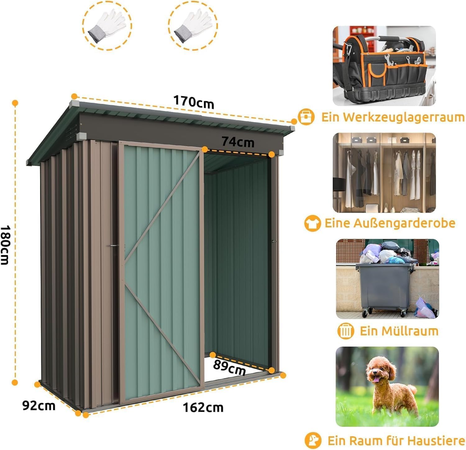 UDPATIO Metall Gartenhaus mit 2.1 m³, Pultdach - 162 x 92 x 180 cm für den Außenbereich, Geräteschuppen, Fahrradgarage, Verzinkter Stahl mit Abschließbarer Tür für Hinterhof,Braun