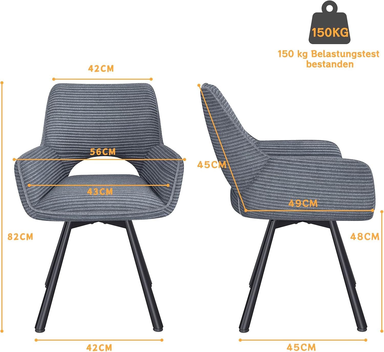 esszimmerstühle 4er Set Drehbar 360°,Armlehnstuhl mit Metallbeinen,geeignet als Stühle Esszimmer,Samt Stuhl,Küchenstühle,Wohnzimmerstuhl,Polsterstuhl mit Samtigem Gefühl,Grau