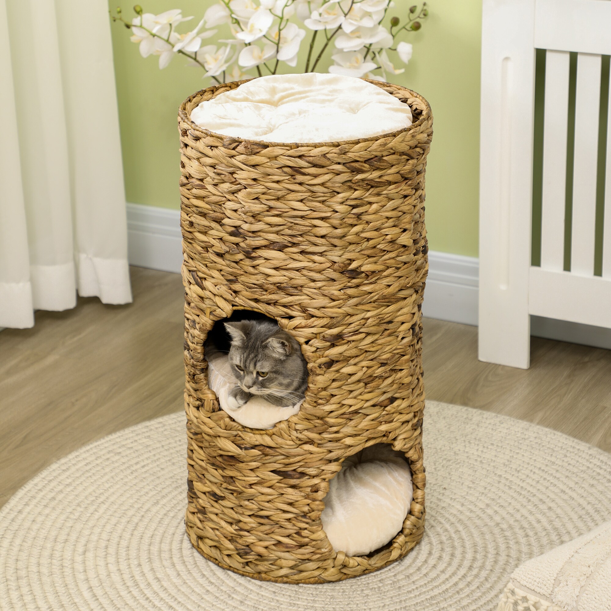 PawHut Katzenturm mit Kissen und 3 Eingängen braun 40L x 40B x 73H cm