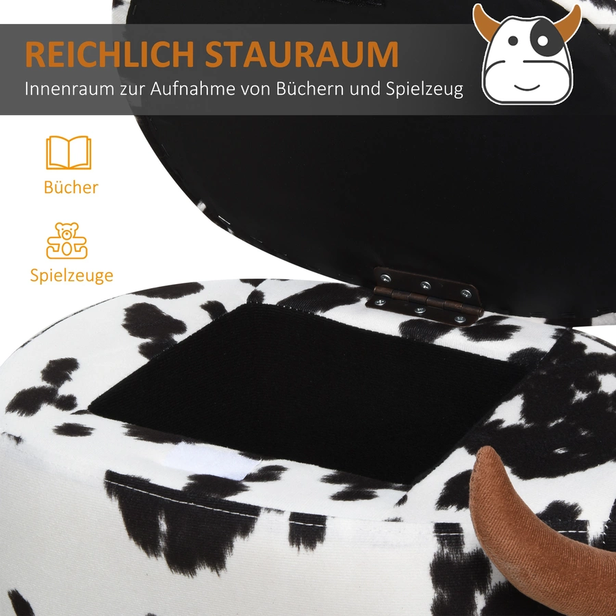 HOMCOM Kinderhocker im Kuh Design schwarz, weiß, natur