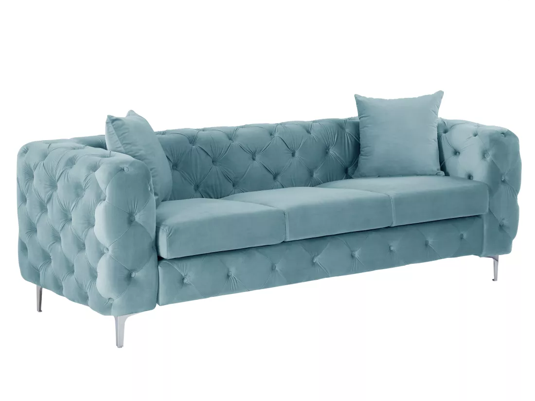 Canapé 3 places chesterfield en velours bleu pastel EDWINA