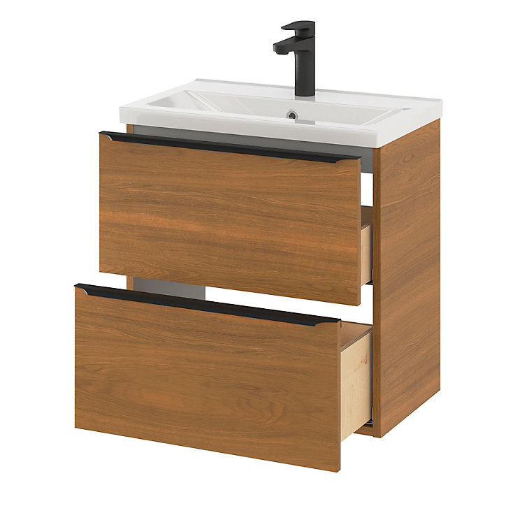 Ensemble salle de bains l.60 cm meuble à suspendre faible profondeur Imandra décor noyer + plan vasque céramique blanc