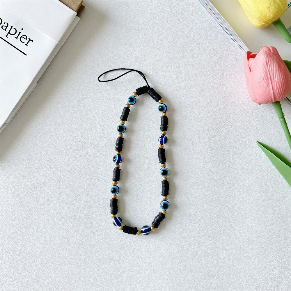 (21cm) Universal Handy Kette Phone Charms Schmuck Anhänger Handgelenkschlaufe mit Nazar Auge - Schwarze Steine