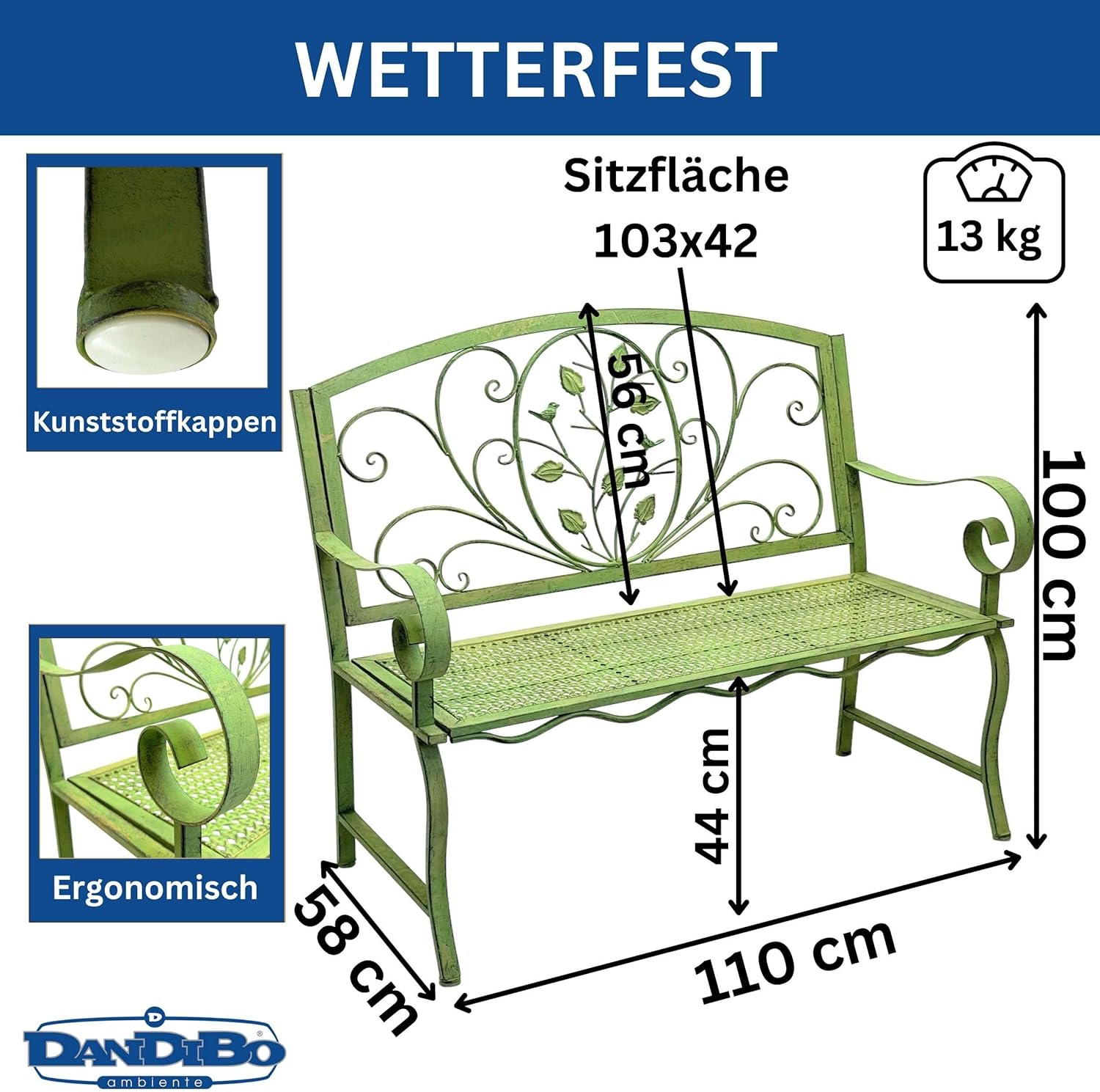 DanDiBo Gartenbank Rossa Wetterfest 2 Sitzer Metall Grün 110 cm 96593 Sitzbank Eisen Bank Garten Antik Parkbank