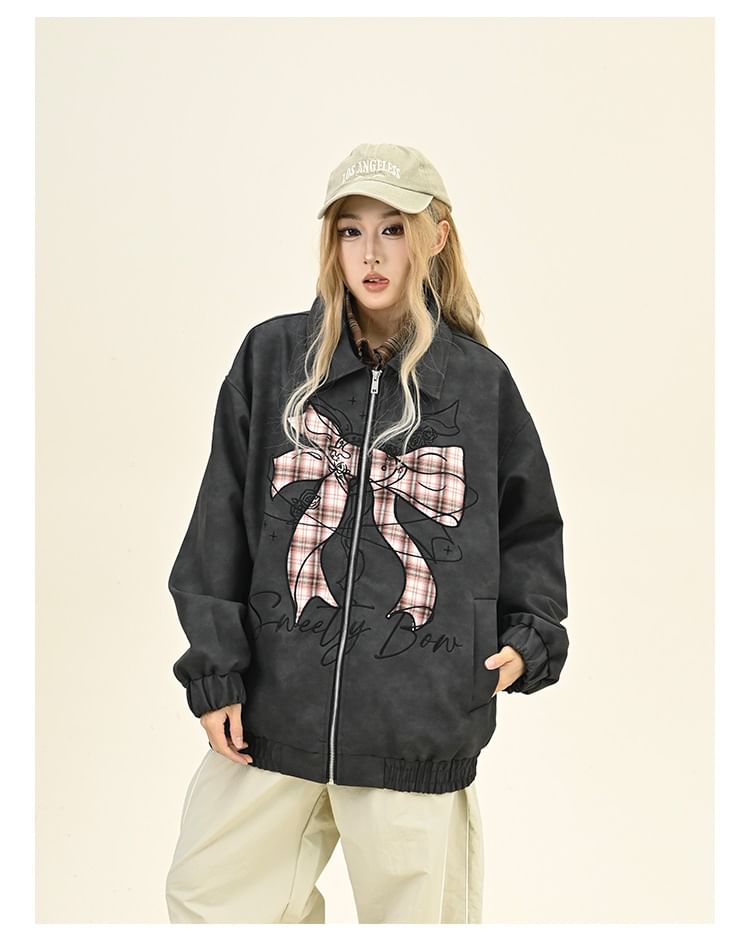 Iduna - Oversized bomberjack met kraag, strik en rits