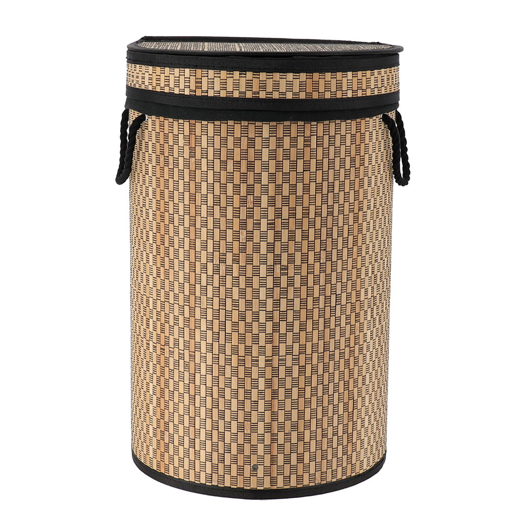 Panière à linge ronde bambou lin noir 35x55cm