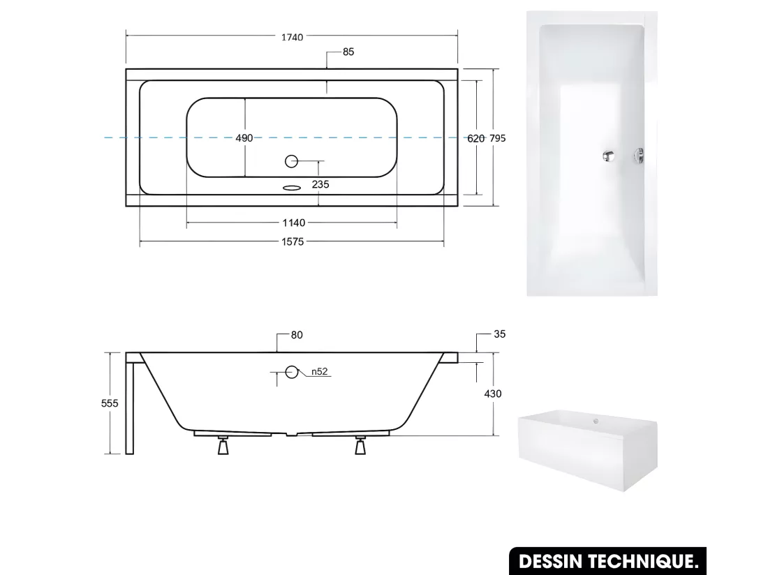 Baignoire rectangulaire - avec Tablier Blanc et Repose Tête OFFERT | QUADRO | 175 x 80 cm