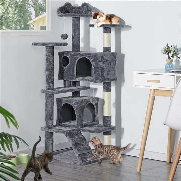 Yaheetech Kratzbaum 138 cm Kletterbaum Katzenkratzbaum mit 3 Aussichtsplattformen und 2 Plüschhöhlen Stabil Katzenbaum für Kleine und mittelgroße Katzen