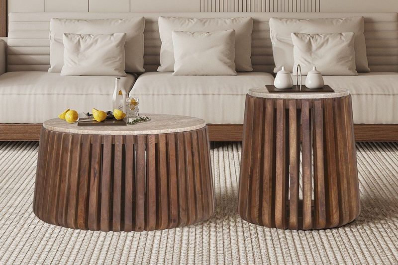 Luuk - Bijzettafel - Rond - Mango Hout - Travertin - Beige