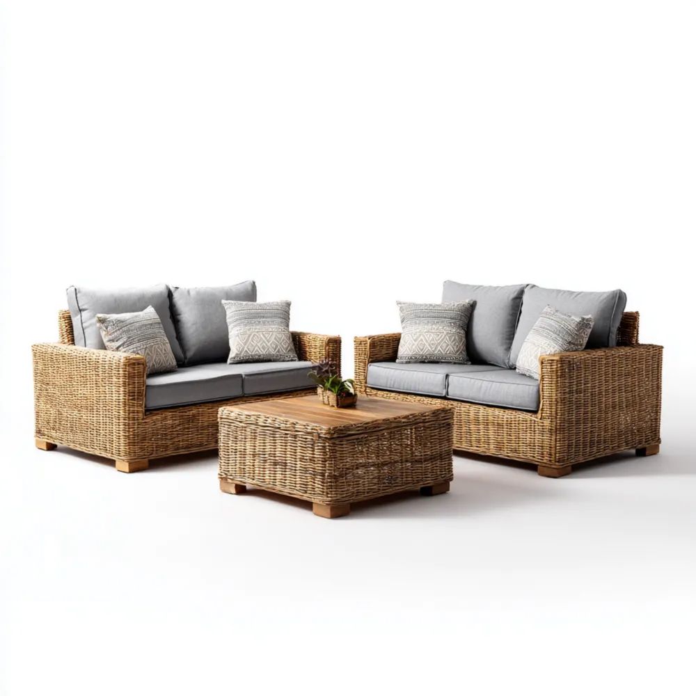 Rattan-Sofaset 2-Sitzer 120x70x75 cm und Couchtisch 90x60x40 cm mit Ki