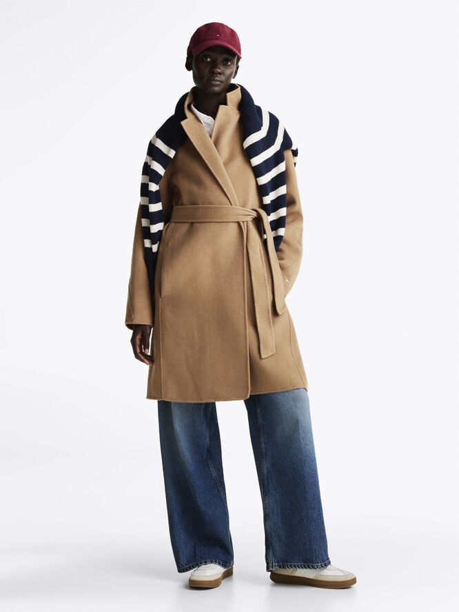 Tommy Hilfiger REG DF WOOL BELTED COAT Light sepia brown