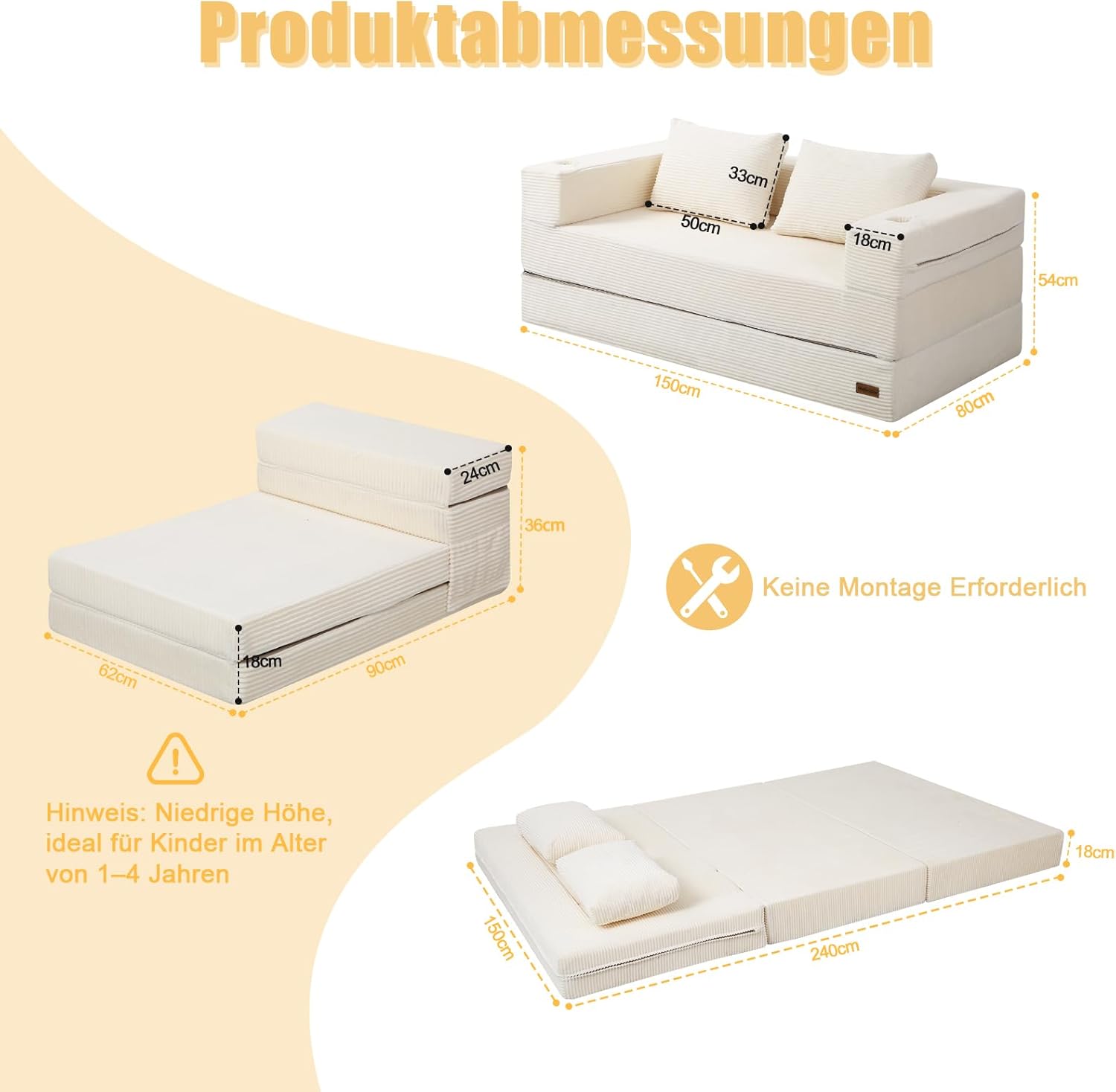 MeMoreCool Boneless Futon-Schlafsofa, faltbares Bodensofa mit Kissen, klappbares Cord-Schlafsofa, ausklappbares Zweisitzer-Sofa für Wohnzimmer und kleine Räume, Beige