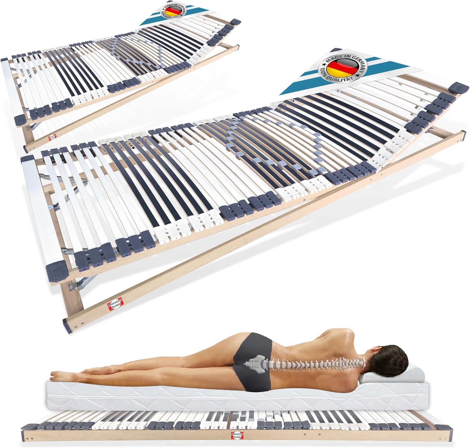 Matratzen Perfekt 2er Set Lattenrost 90x200 cm 7-Zonen Rahmen mit Kopf- & Fußverstellung, 44 Leisten, Härteregulierung, orthopädisch, stabil bis 200 kg, Trio-Kautschuklagerung