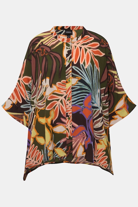 Bluse, Blätter, Oversized, Stehkragen, Halbarm