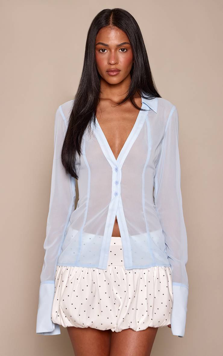 Bleu Poudré Chemisier Tall En Mesh Avec Boutonnage Devant
