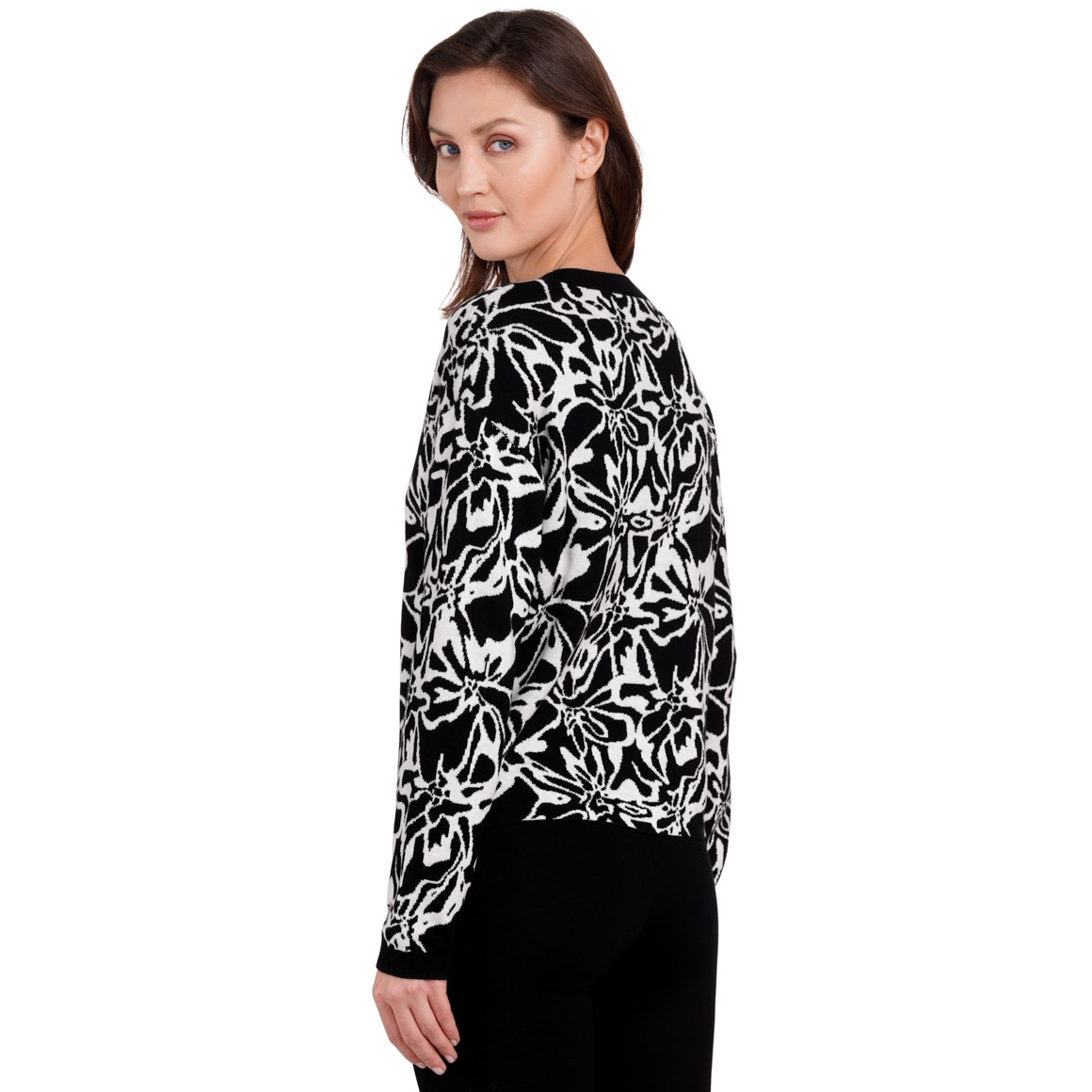 Gina Benotti Damen Strickpullover mit Blumen-Muster schwarz / weiss