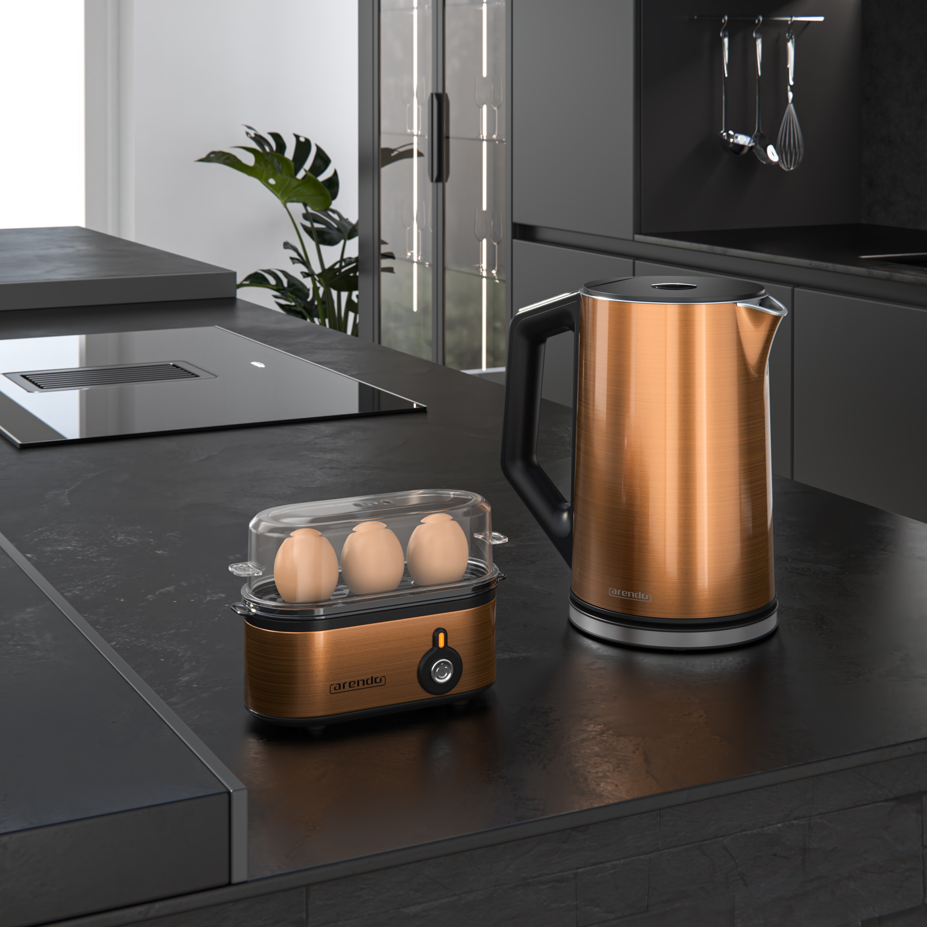 Arendo 2-teiliges Frühstücksset - Edelstahl Wasserkocher 1,5l, 3er Eierkocher, Kupfer