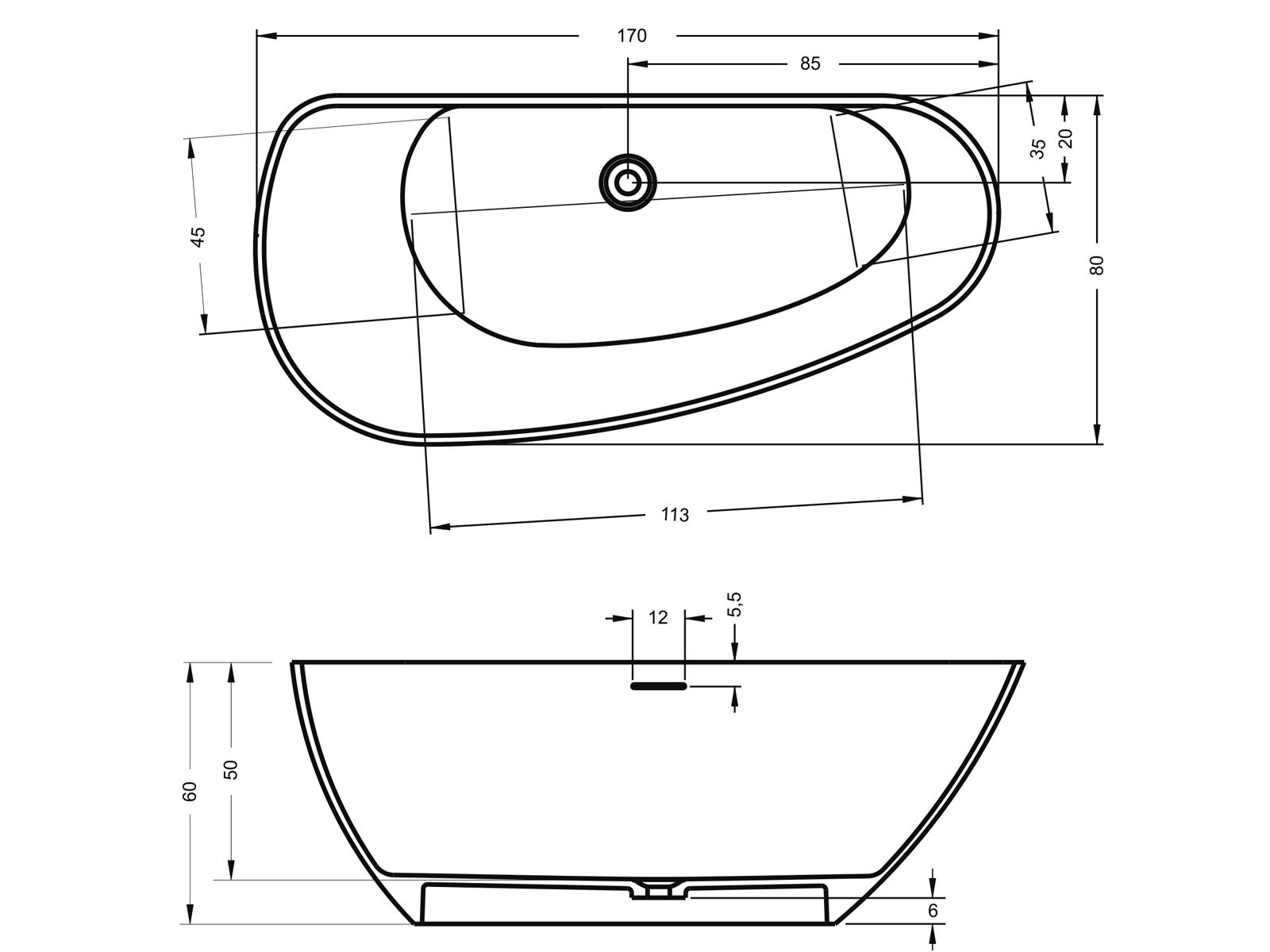 Riho Granada vrijstaand bad solid surface 170x80cm rechts wit mat