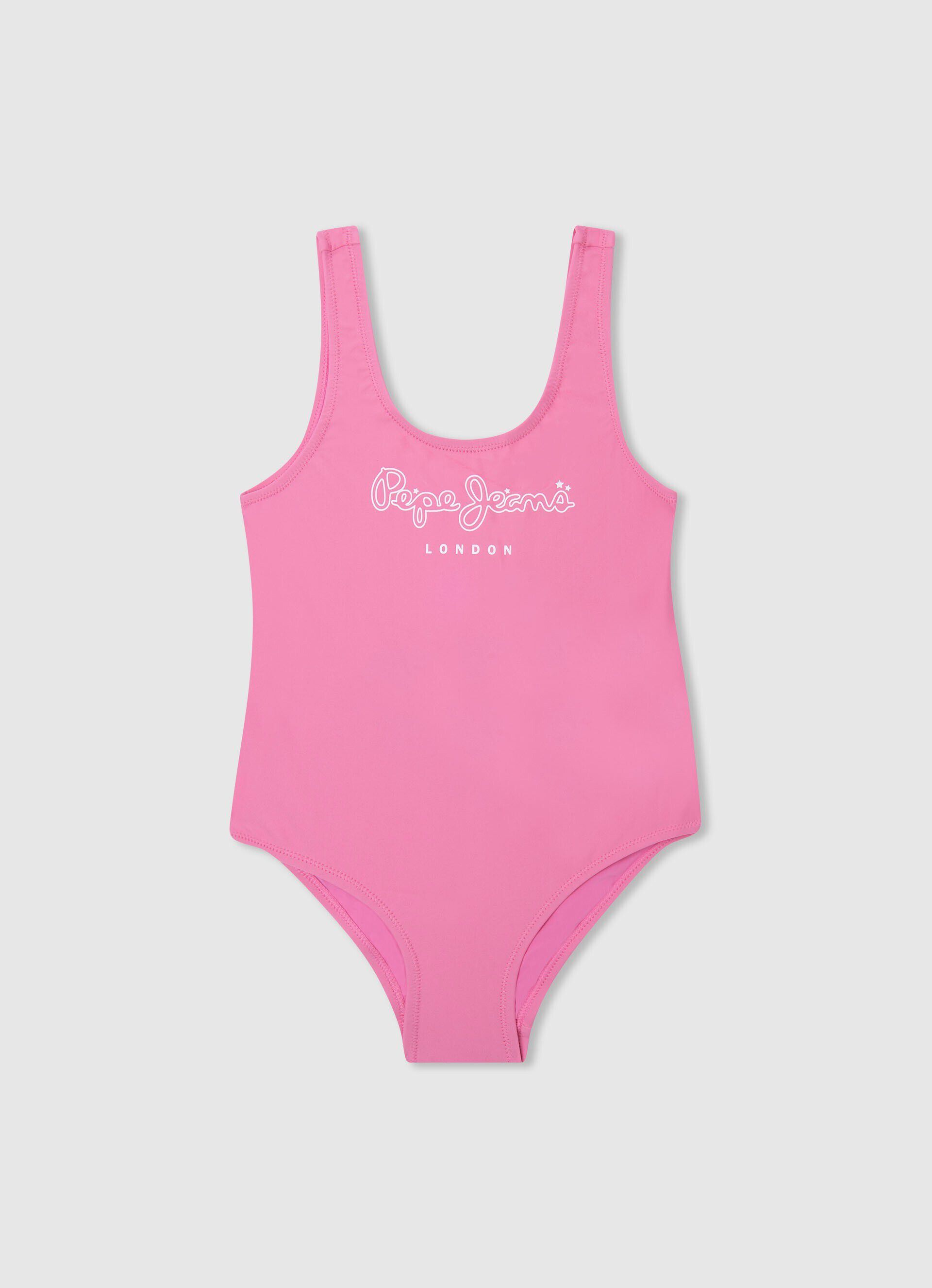 Maiô liso com logo estampado - rosa fúcsia vibrante