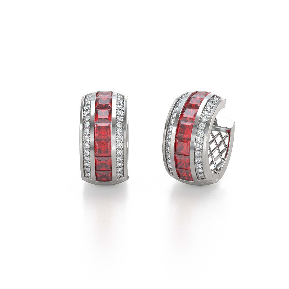 Boucles d'oreilles ADEN Or 585 Blanc Rubis et Diamants 7.35grs