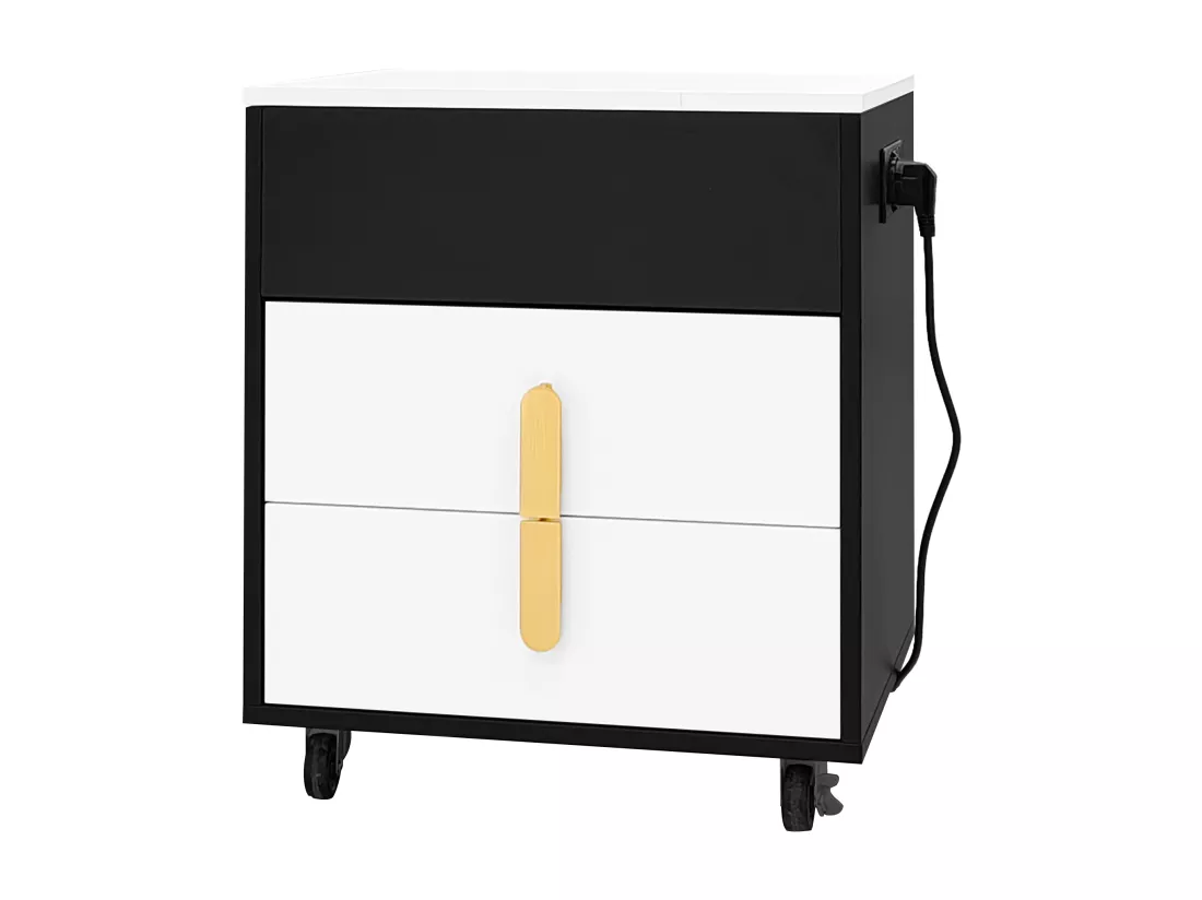Table de chevet avec port USB - 2 tiroirs & plateau extensible - MDF - Blanc & Noir