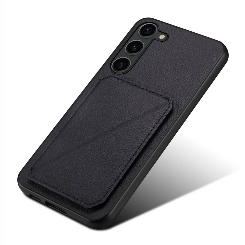 Samsung Galaxy S24 Leder Hülle mit Kartenfach   Origami Kickstand Aufsteller im Litchi Look - Schwarz
