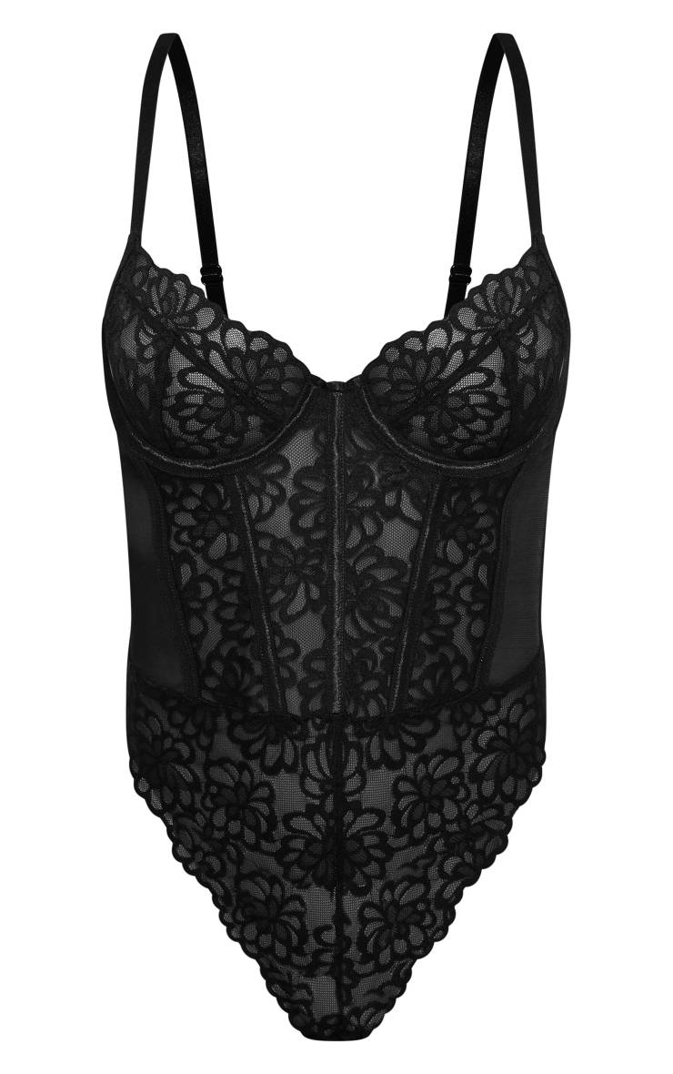 Noir Body En Dentelle Florale À Découpes Et Bords Festonnés