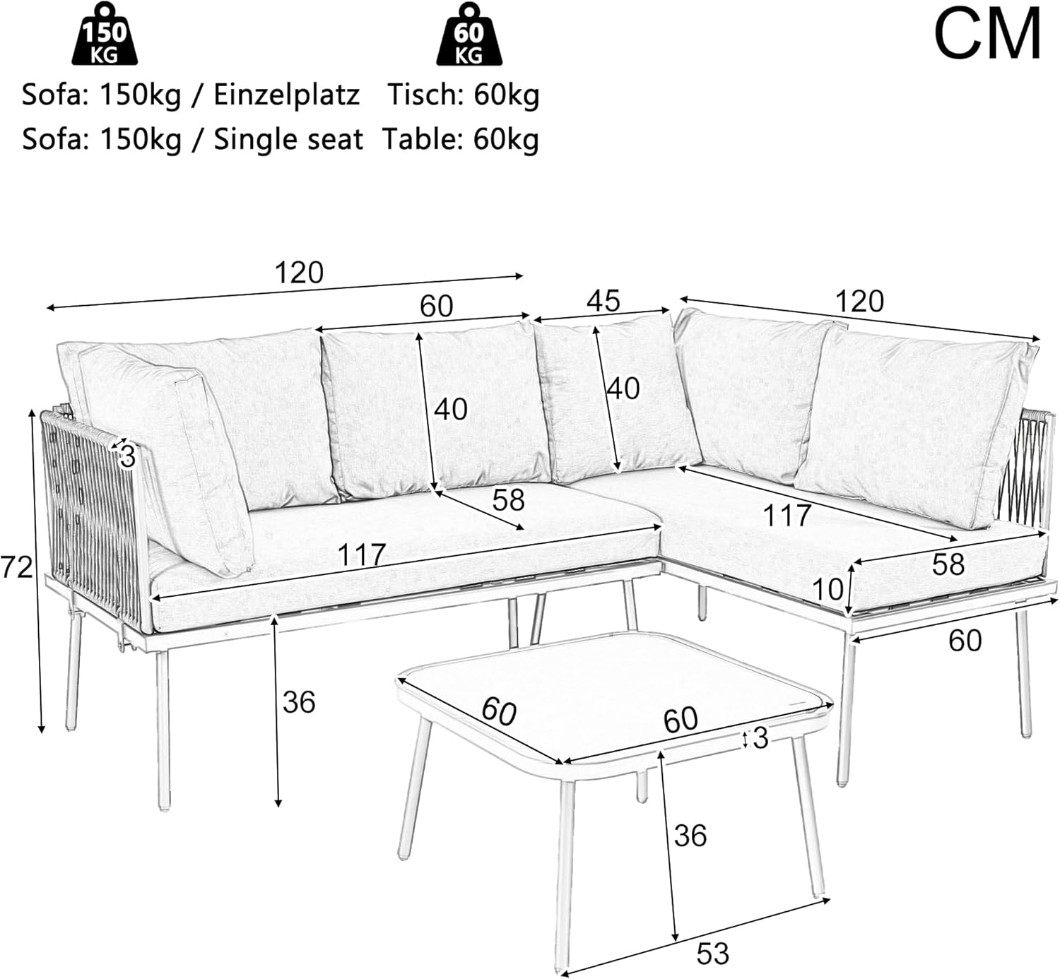 Merax Gartenmöbel Set, Balkonmöbel Gartenlounge Set für 6-8 Personen, Tisch & Kissen, U-förmiges Terrassenmöbel, Ecksofa-Set aus Eisen, Lounge Sitzgruppe, Outdoor, für Terrasse, Balkon, Garten, Grau