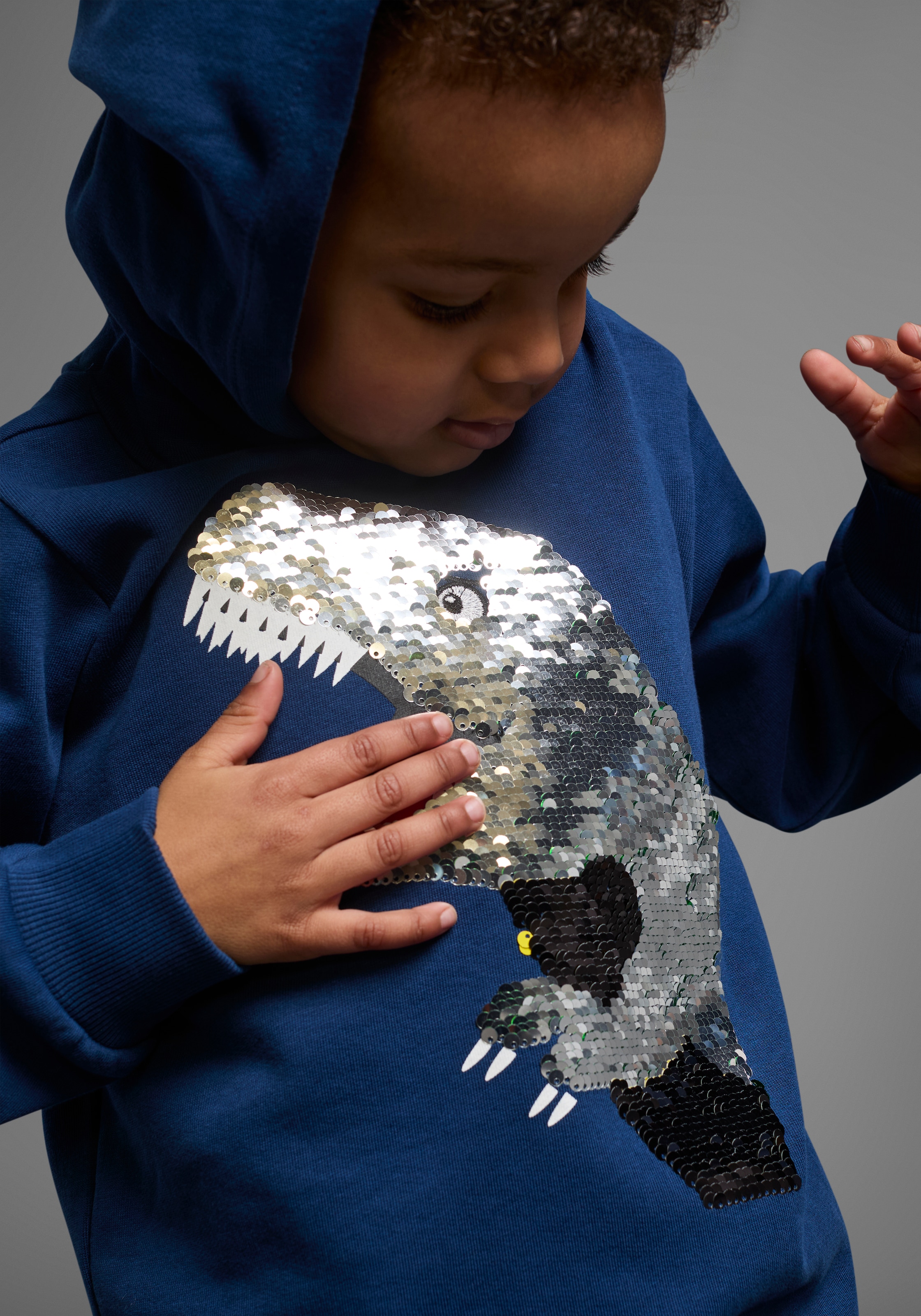 KIDSWORLD Kapuzensweatshirt »mit tollem Dino aus Wendepailletten«, Langarm,  Basic-Passform,  bedruckt,  aus  Baumwolle