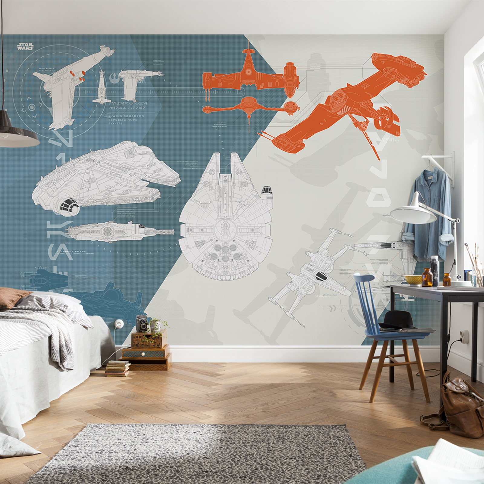 Papier-Fototapete STAR WARS – TECHNICAL PLAN - blau-weiß-orange - 368x254 cm