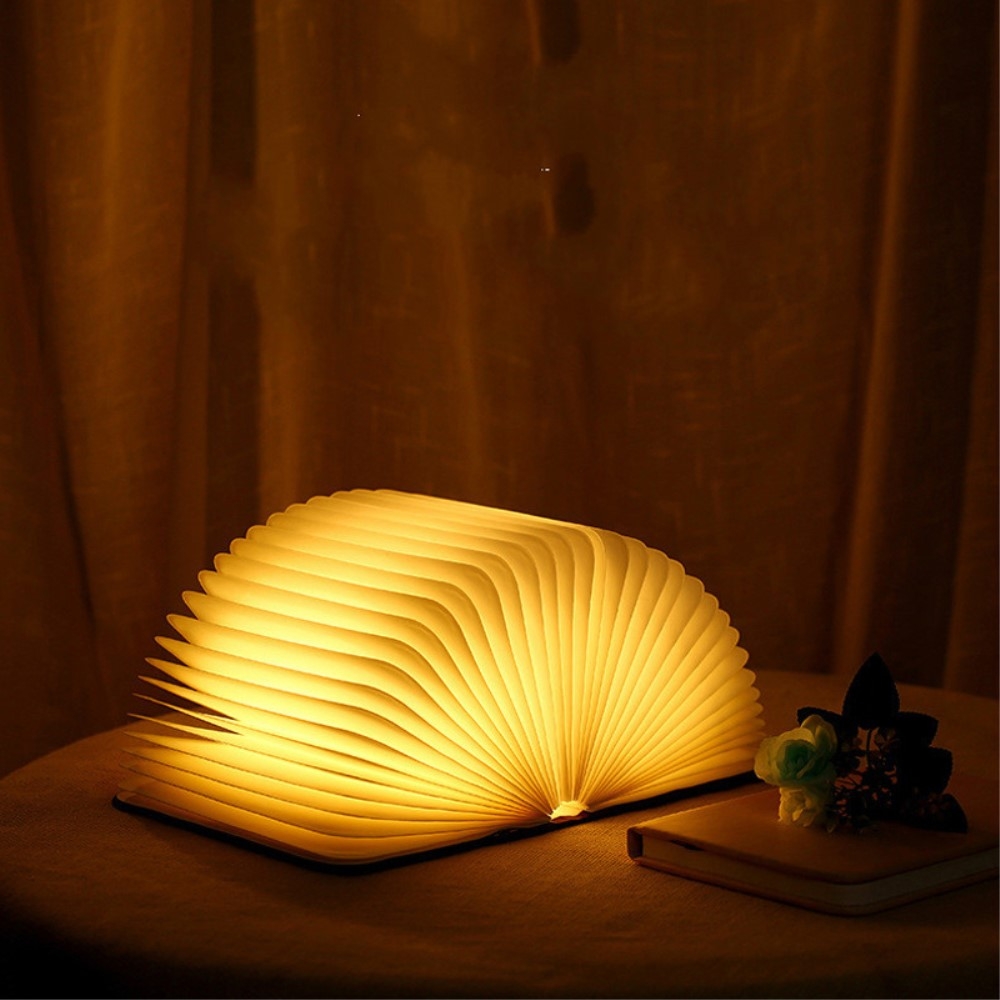 Faltbare LED Buchlampe Akku Book Licht Home Deko Beleuchtung im Holz Look - Weiss