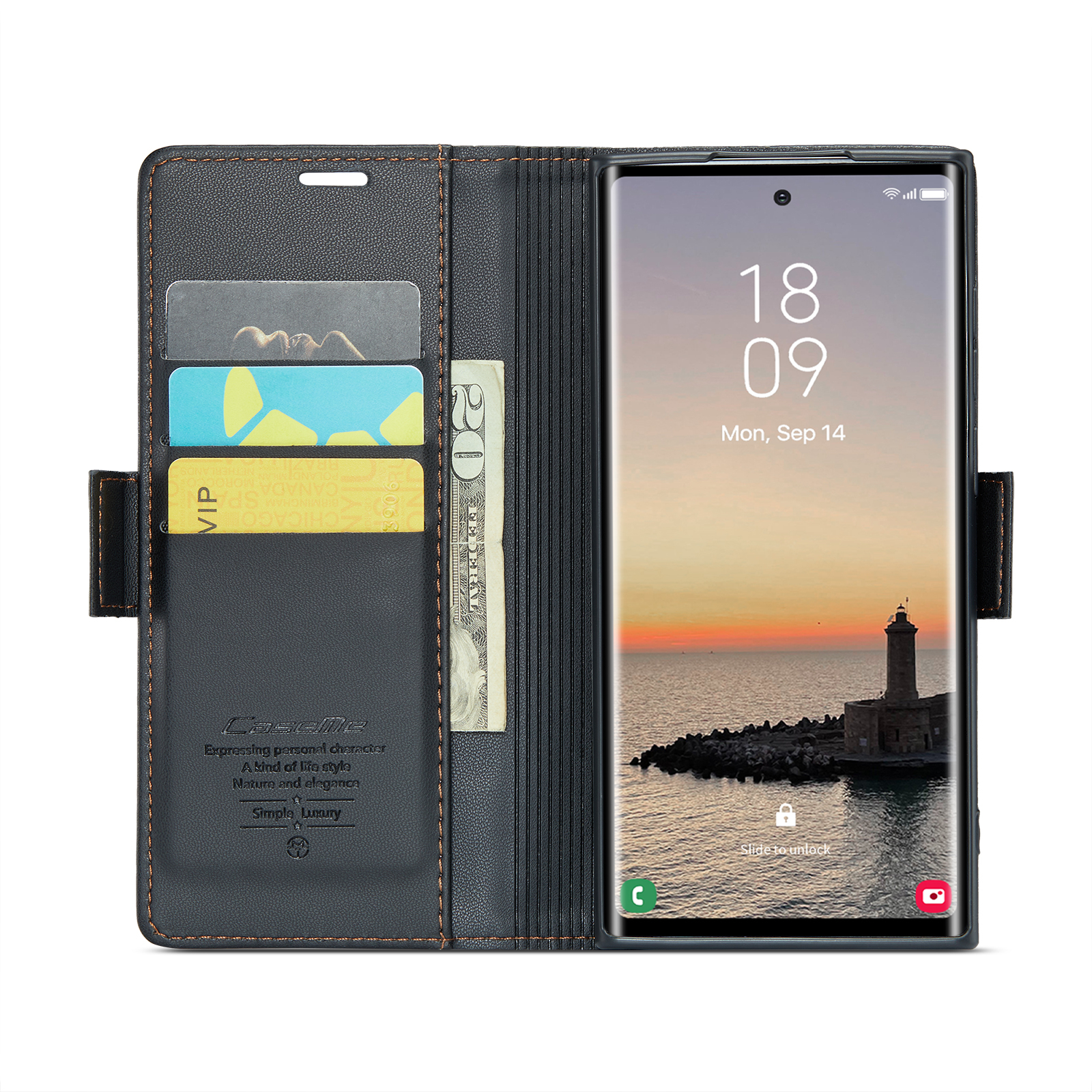 Samsung Galaxy S25 Ultra Leder Tasche Flip Wallet Etui mit Kartenfächern Litchi Look (RFID Schutz) - Schwarz