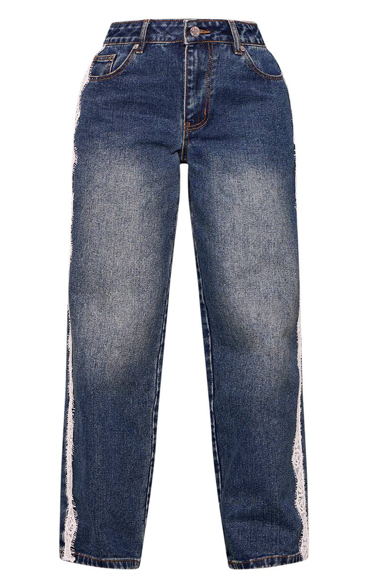 Mid Blue Wash Jean Petite Bleu Moyen À Jambes Larges Avec Détail De Dentelle Sur La Couture Latérale