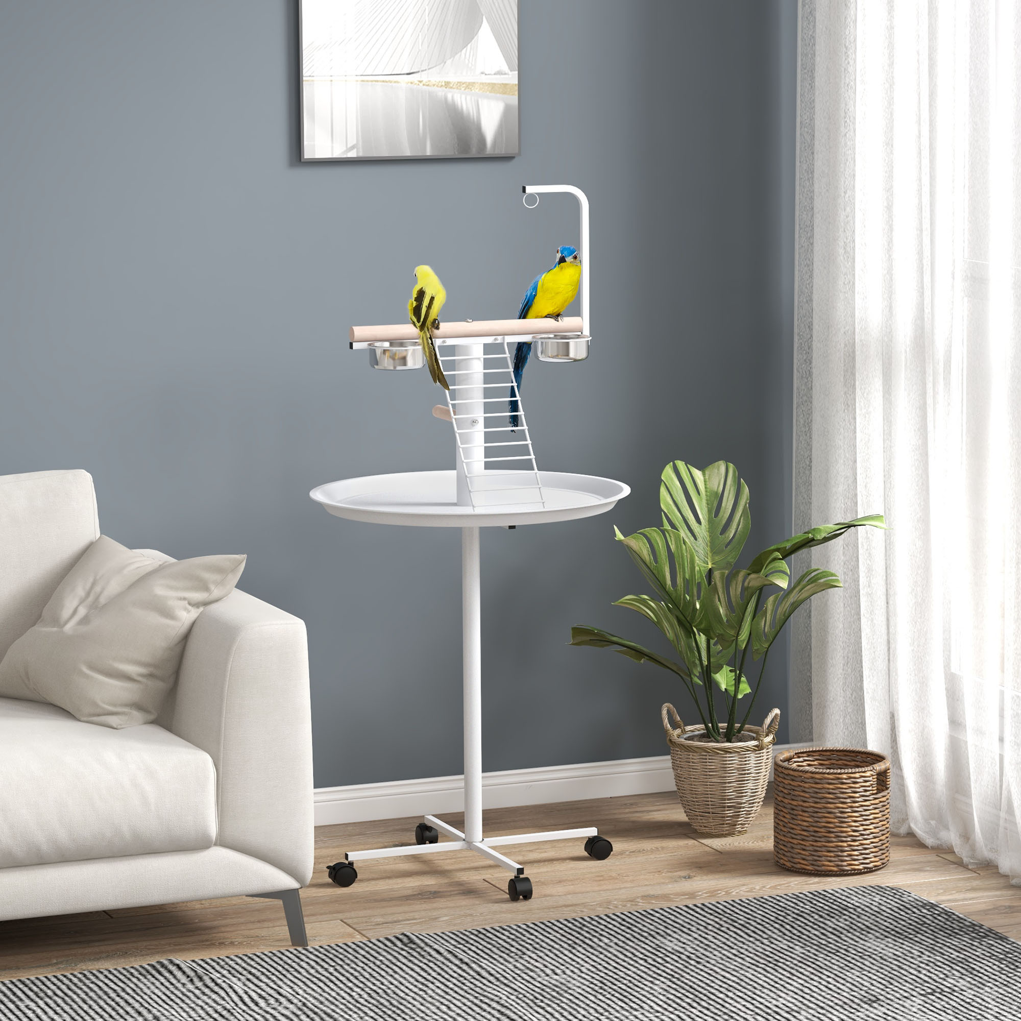 Alimentador de pássaros PawHut para exterior com rodas, Ø60x138 cm, com 2 tigelas de aço inoxidável e 2 poleiros, branco.