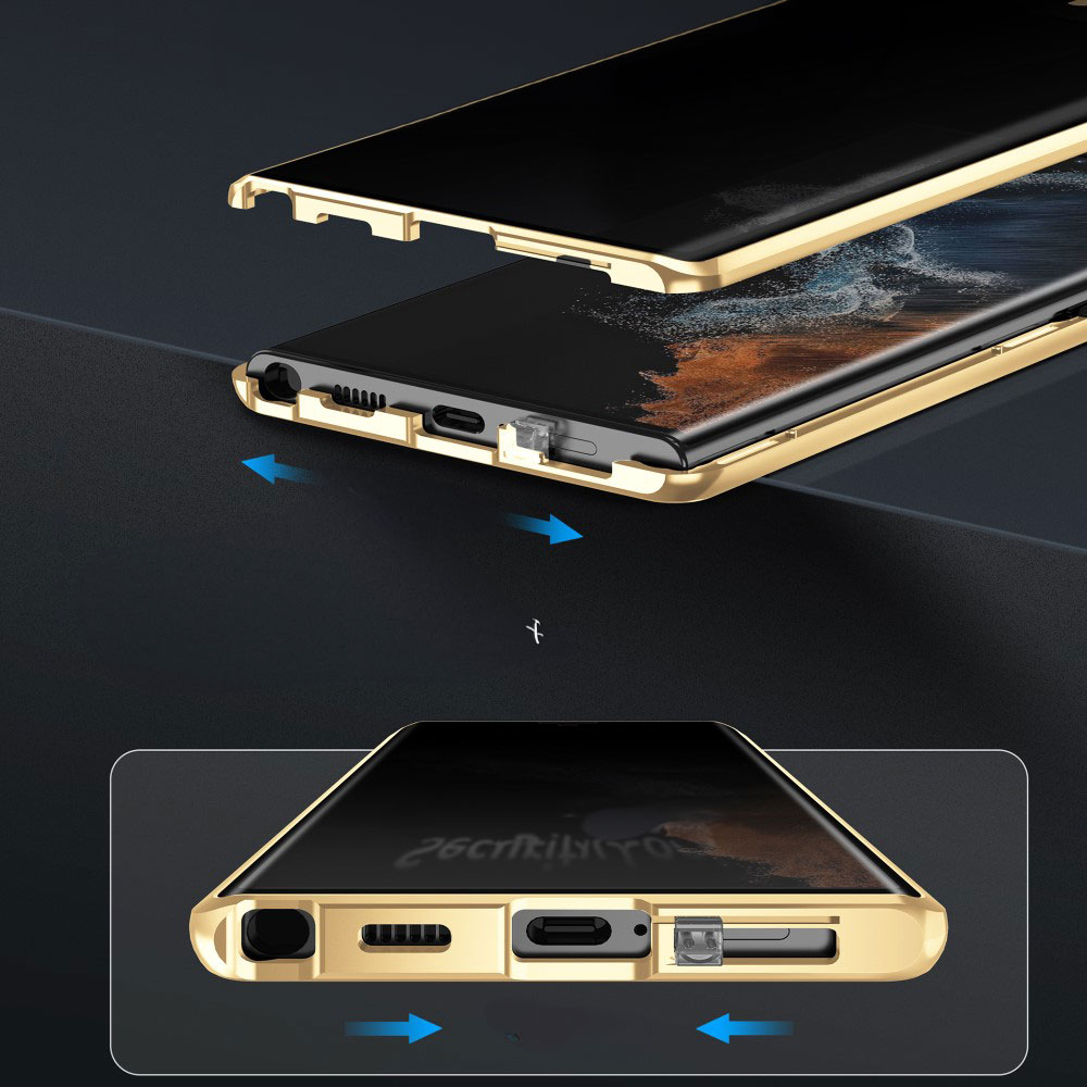 Samsung Galaxy S24 Ultra Magnetische Alu Schutzhülle mit Panzer Glas Backcover   Privacy Display- / Kameraglasschutz (Verschlussmechanismus) - Silber