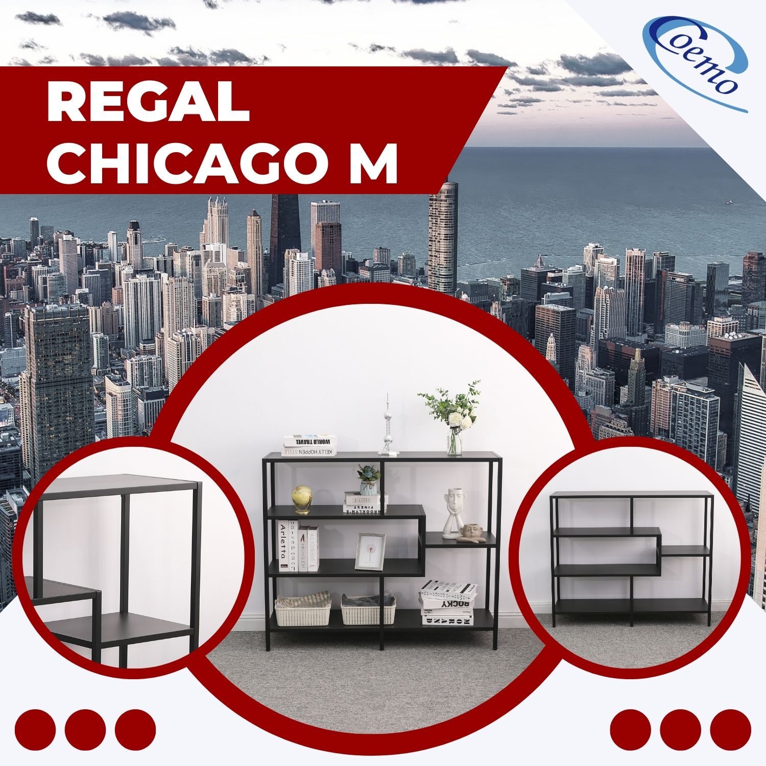 Coemo Regal Chicago M Raumteiler 120x35x100cm Metall 5 Ablageflächen schwarz