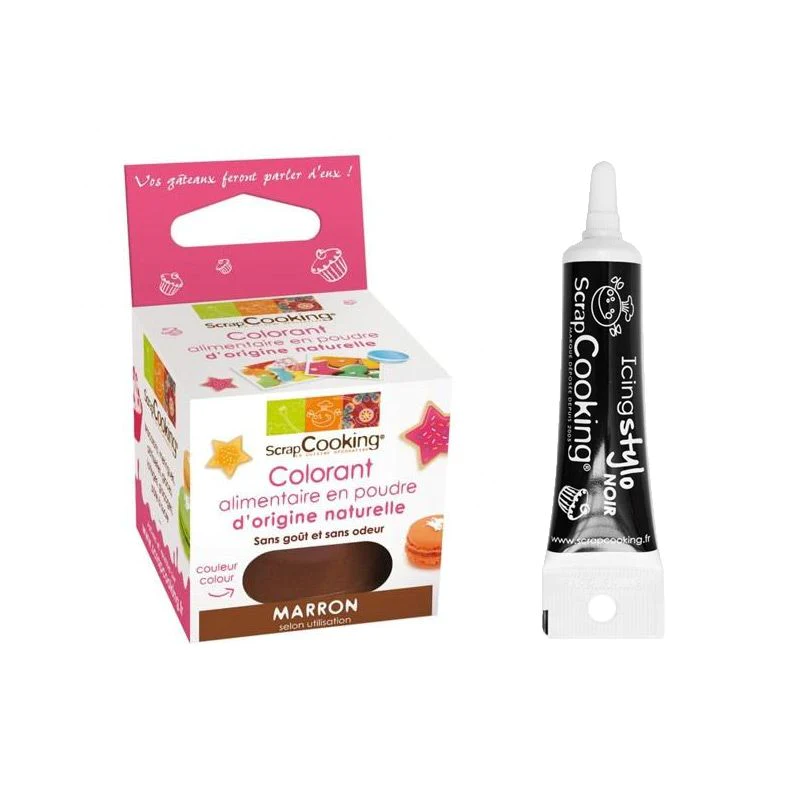 Colorant alimentaire naturel en poudre Marron + Stylo glaçage noir Scr
