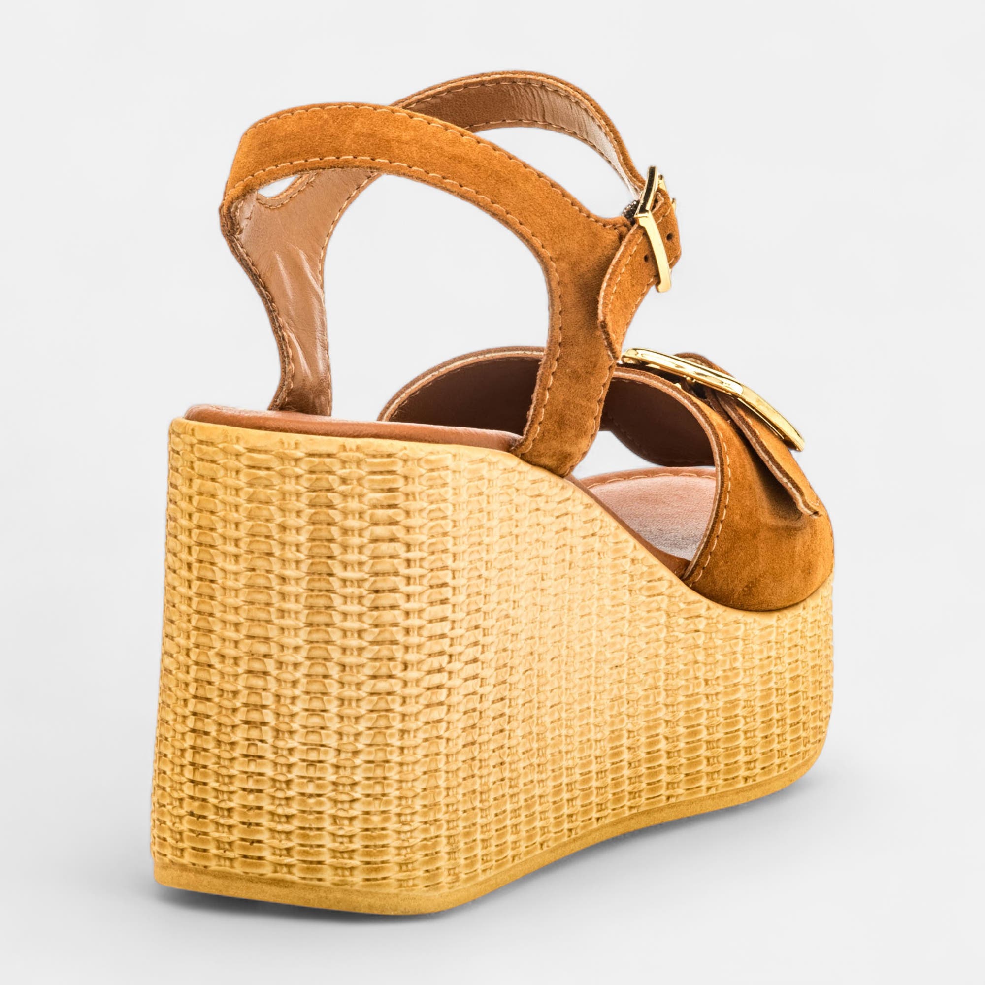 Nu-pieds à talon compensé Femme en cuir cognac