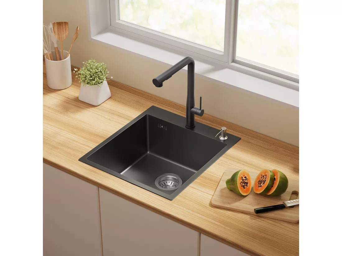 Évier Cuisine 1 Bac Gris Noir,44*49*20 CM,Lavabo Cuisine avec Distributeur Savon,Inox,Évier encastré/à Poser Évier avec Trou Montage pour Robinet