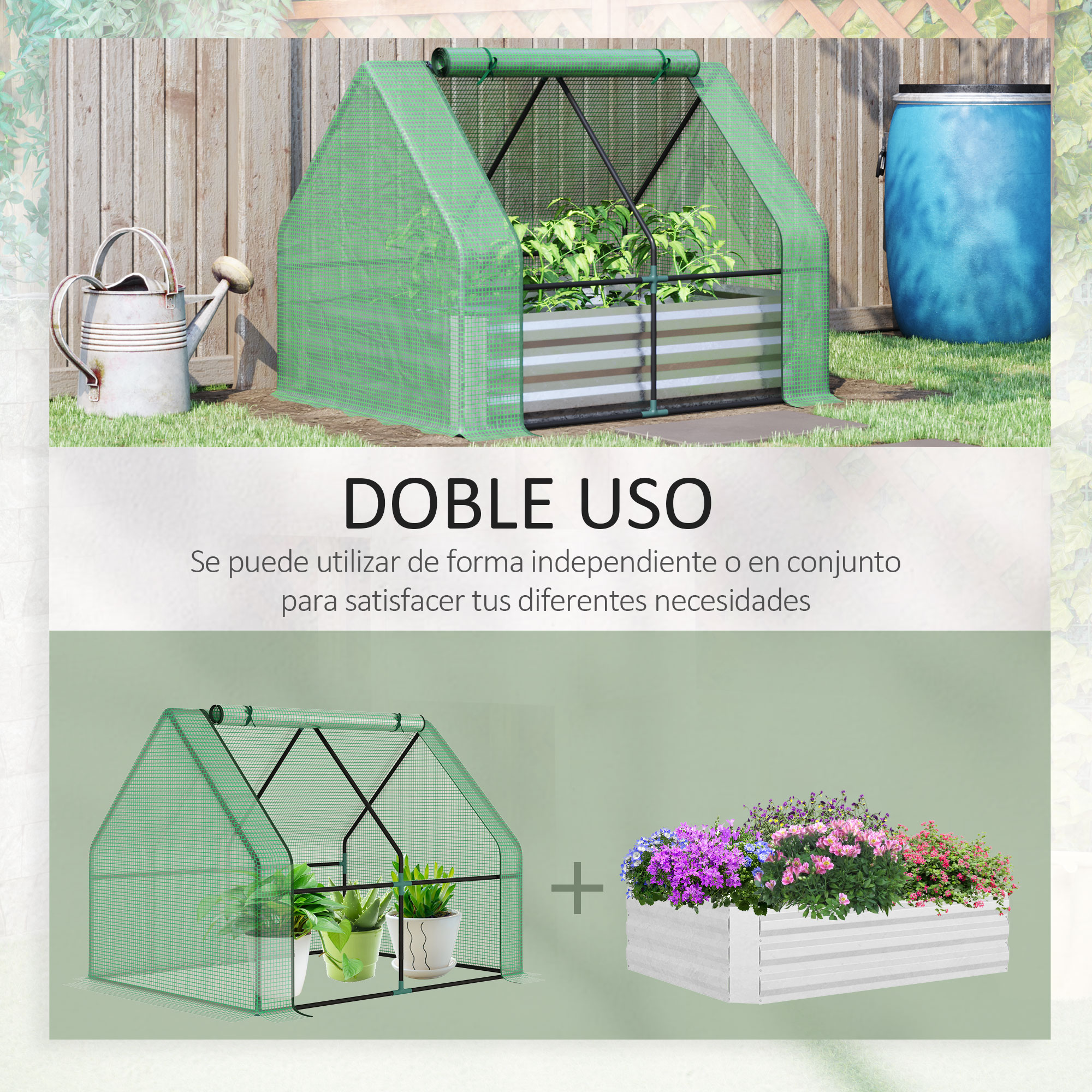 Jardim urbano Outsunny com estufa, 127x95x92 cm, tipo galpão, com canteiro interno de aço, janela de enrolar e cobertura de PE de 140 g/m² para cultivo de plantas e flores, verde.
